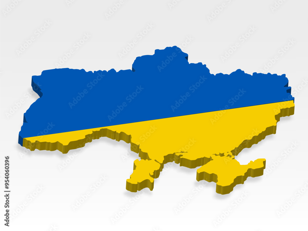 3D  Ukraine map with flag. Three dimensional map of Ukraine with shadow. Flag of Ukraine on white background for your design, app, UI.  Stock vector. EPS10. 