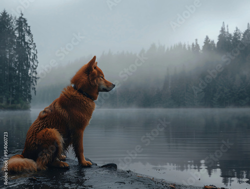 Ainu dog sitting by a serene lakeside, with a misty forest in the background, its fur slightly damp, gazing intently at the water, creating a peaceful and reflective scene, cinematic style, Compositin photo