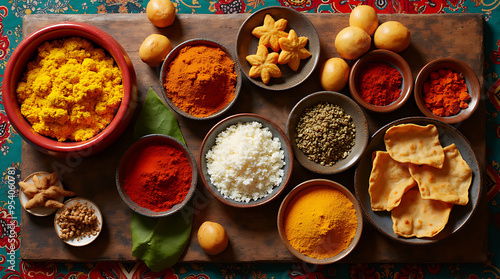 Top View of an Indian Spice and Snack Platter with Traditional Ingredients photo