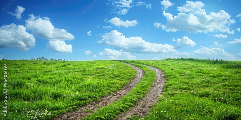 Naklejka premium A winding dirt path through a lush green meadow under a bright blue sky with fluffy clouds
