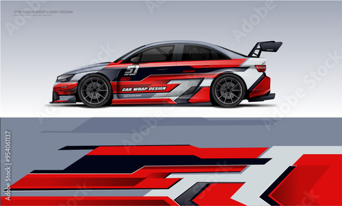 sport racing sedan car wrab red black. decal or livery design. Abstract racing graphics red grey backround. Editable vector template