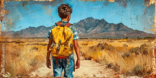 A boy with a yellow backpack walking on a dirt path towards mountains on a sunny day