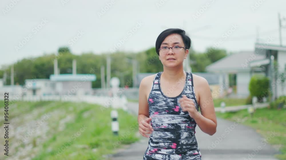 Asian happy, beautiful woman is smiling during her morning workout, jogging in the park for active lifestyle and healthy habits. Her fitness shows balance of physical fitness and mental well-being. Asian happy, beautiful woman is smiling during her morning workout, jogging in the park for active lifestyle and healthy habits. Her fitness shows balance of physical fitness and mental well-being.