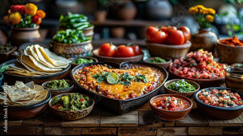 A table full of Mexican food including beans, tomatoes, and tortillas. The table is set for a party or gathering