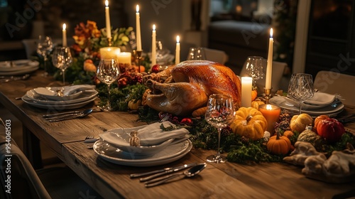 Festive thanksgiving dinner table with roast turkey and candlelight ambiance