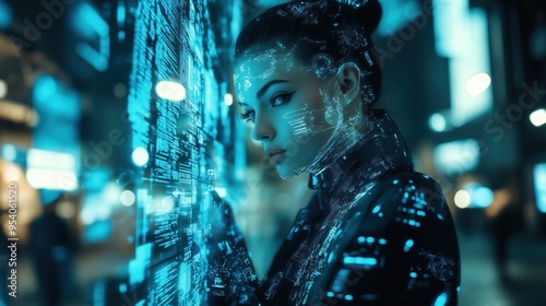 Futuristic digital woman in cyber world holographic interface concept