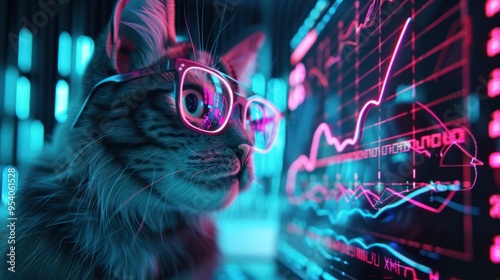 Cat in Glasses Watching Stock Market