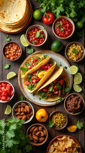 Top View of a Mexican Taco and Salsa Spread with Colorful Ingredients