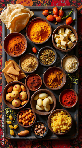 Top View of an Indian Spice and Snack Platter with Traditional Elements