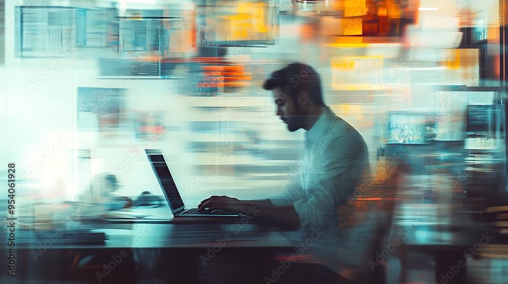 Blurred Image of a Man Working on a Laptop in an Office Blurred Image of a Man Working on a Laptop in an Office
