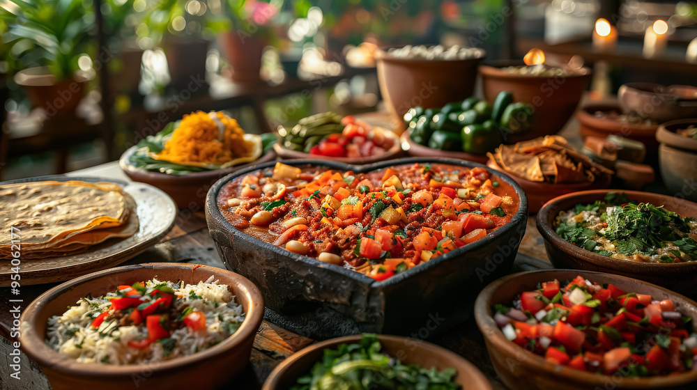 A table full of Mexican food with a heart shaped bowl in the middle. The table is covered with various bowls of food, including chips, salsa, and other Mexican dishes A table full of Mexican food with a heart shaped bowl in the middle. The table is covered with various bowls of food, including chips, salsa, and other Mexican dishes
