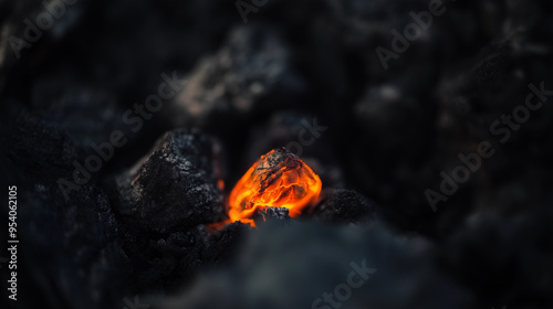 Intense Close-Up of a Glowing Ember Amidst Dark Ashes with Fiery Orange Hues