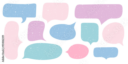 Cute Abstarct Speech bubble with scratched texture collection. Grunge Message clouds set. Hand drawn Chatting icon. Kids Playful text bubbles in pastel colors. Vector illustration