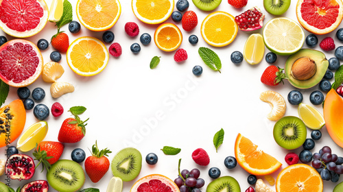 Assorted fresh fruits and berries frame creating white background copyspace