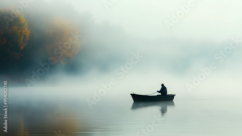 A tranquil scene of a fisherman on a lake during early morning mist.