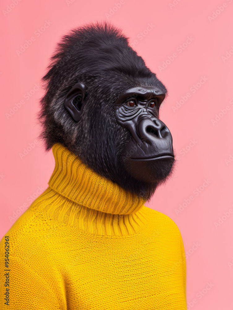 Gorilla Portrait wears a yellow turtleneck sweater Gorilla Portrait wears a yellow turtleneck sweater
