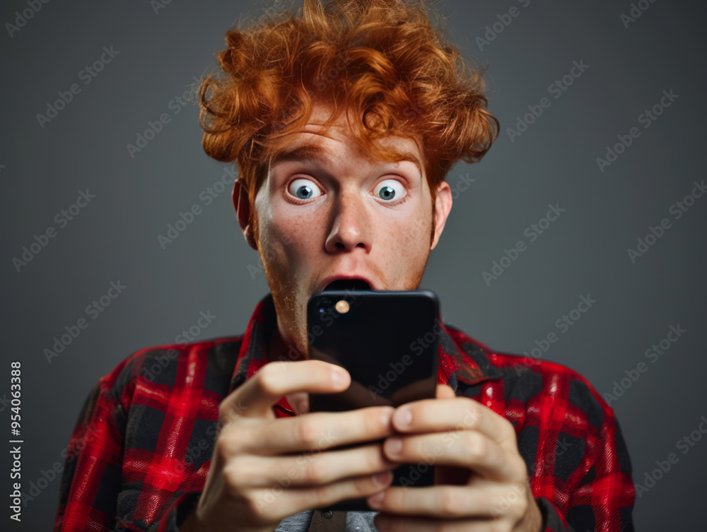 Young excited Man with red curly hair looks at his cellphone Young excited Man with red curly hair looks at his cellphone