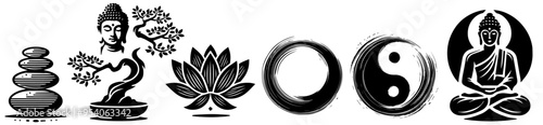 black and white vector illustration of lotos stones bonsai face 