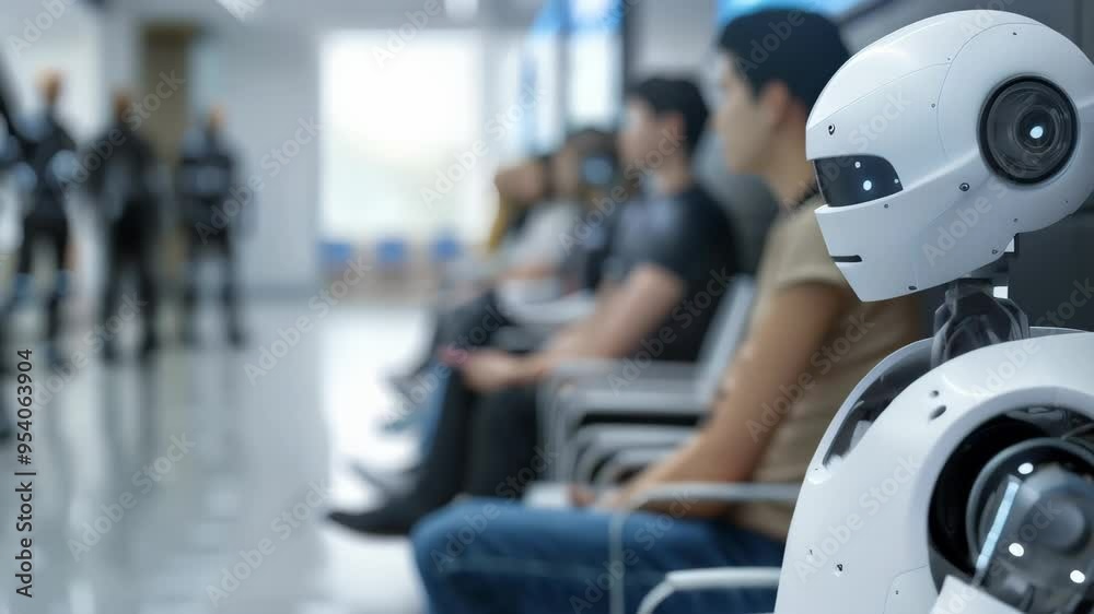 Humanoid robot sitting in a waiting room alongside humans, symbolizing the integration of AI into everyday life. Future of human-robot coexistence. Humanoid robot sitting in a waiting room alongside humans, symbolizing the integration of AI into everyday life. Future of human-robot coexistence.