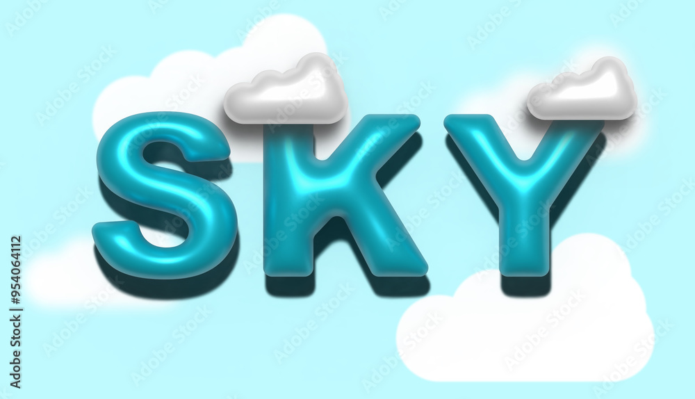 Inscription sky and white clouds on a blue background, 3D rendering illustration Inscription sky and white clouds on a blue background, 3D rendering illustration