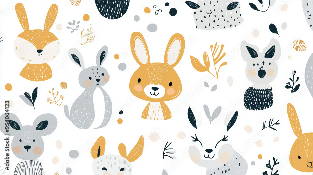 This vector illustration features a charming assembly of cute animals—lion, zebra, crocodile, hippo, and rhino—set against a Scandinavian-inspired design. The animals are depicted with soft, friendly This vector illustration features a charming assembly of cute animals—lion, zebra, crocodile, hippo, and rhino—set against a Scandinavian-inspired design. The animals are depicted with soft, friendly