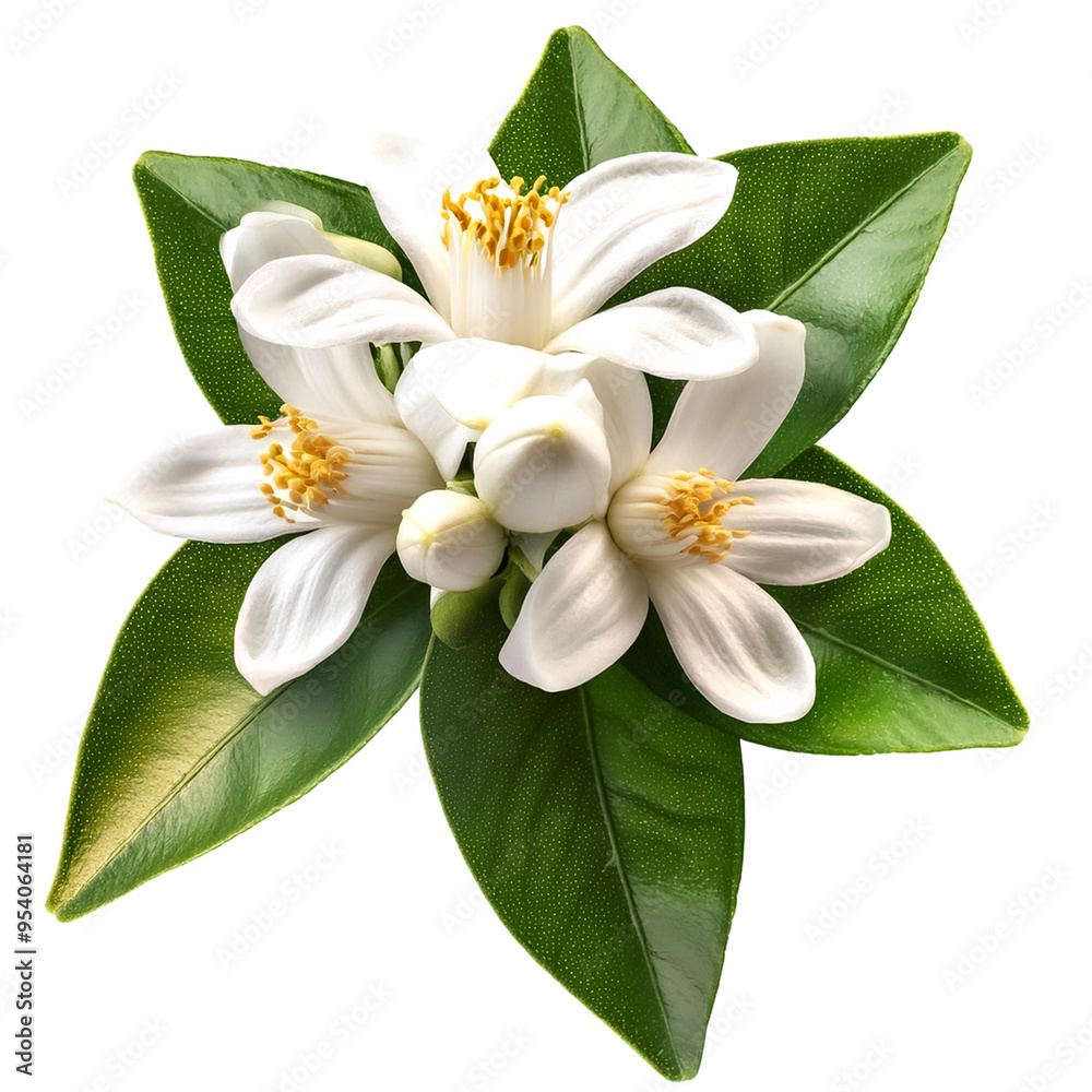 Obraz premium Orange tree flowers bunch closeup isolated on white. Neroli blossom. White citrus tree bloom