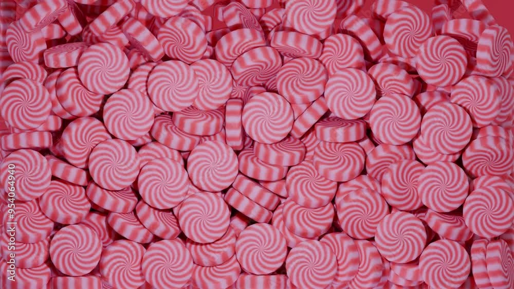 3D animation red pink striped many sugar sweet striped peppermint candies falling fill up screen background new years christmas event