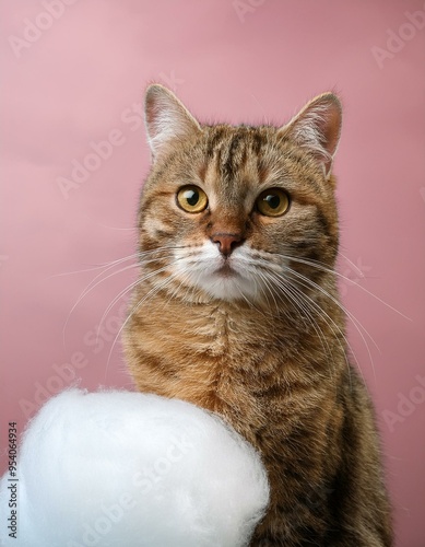 Funny photo of a cat holding pink cotton candy isolated in front of a pink background with copy space