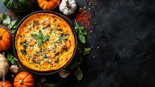 baked pumpkin dish, ideal for snacking or salads (tasty and nutritious). Top view, space for copy