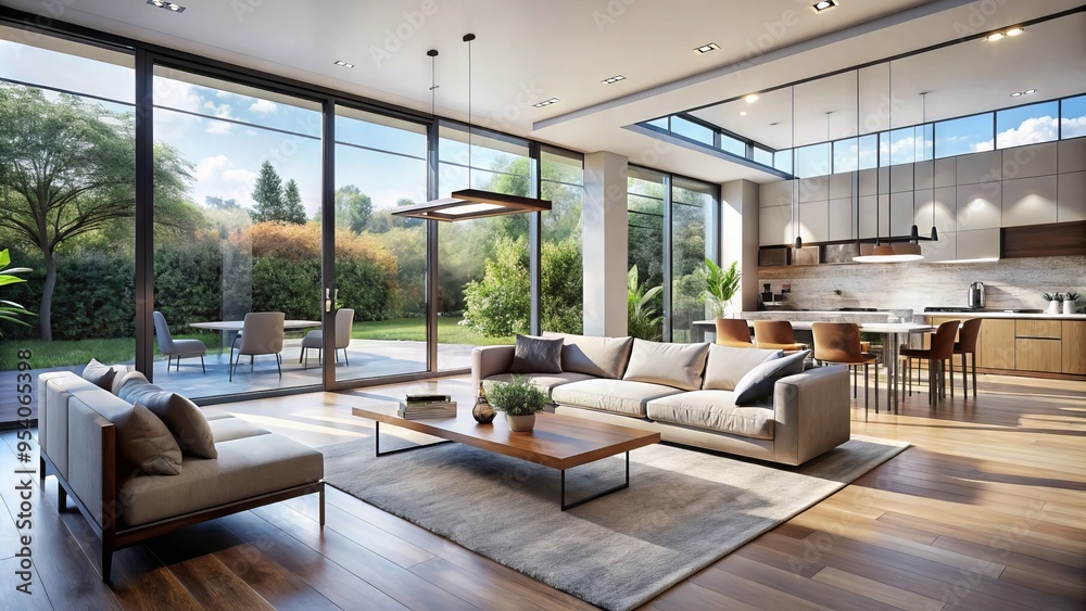 Contemporary open-plan living space with sleek lines, minimal decor, and abundant natural light pouring through Contemporary open-plan living space with sleek lines, minimal decor, and abundant natural light pouring through