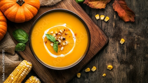 Top view of homemade pumpkin cream soup with cream, basil, corn on a rustic napkin and board.