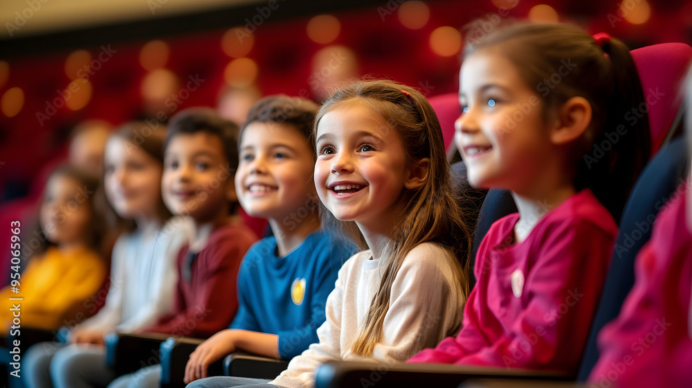 Kids enjoying a puppet theater performance in a school auditorium. Kids enjoying a puppet theater performance in a school auditorium.