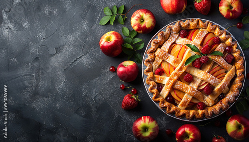 apple pie with fresh fruits on a darl background photo