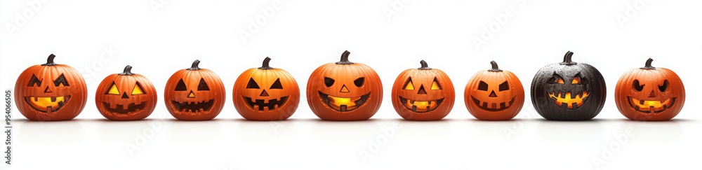 A group of eight lit spooky halloween pumpkins, Jack O Lantern with evil face and eyes isolated against a white background. A group of eight lit spooky halloween pumpkins, Jack O Lantern with evil face and eyes isolated against a white background.