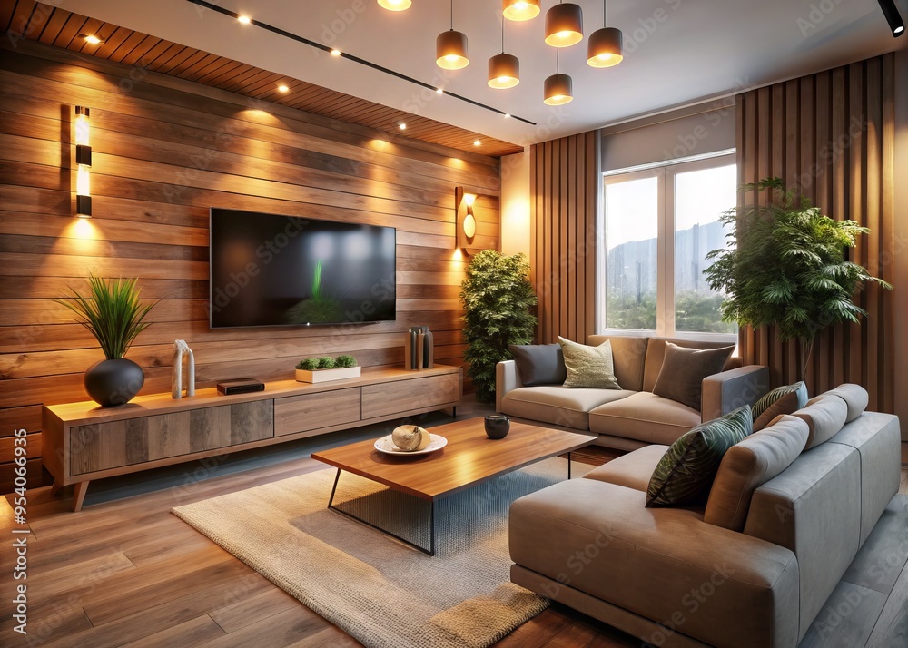 Cozy living room scene with a modern TV mounted on a stylish wooden wall, surrounded by comfortable couch Cozy living room scene with a modern TV mounted on a stylish wooden wall, surrounded by comfortable couch