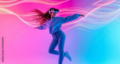 A young woman leaps gracefully in a blue sweatshirt and jeans, wearing VR glasses, surrounded by dynamic waves of neon pink and blue, capturing a moment of playful expression and excitement.