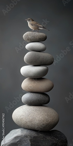 Bird perched on top of a stack of smooth, round rocks against a dark gray background, stones form an intricate cairn, perfectly balanced to create the perfect structure photo