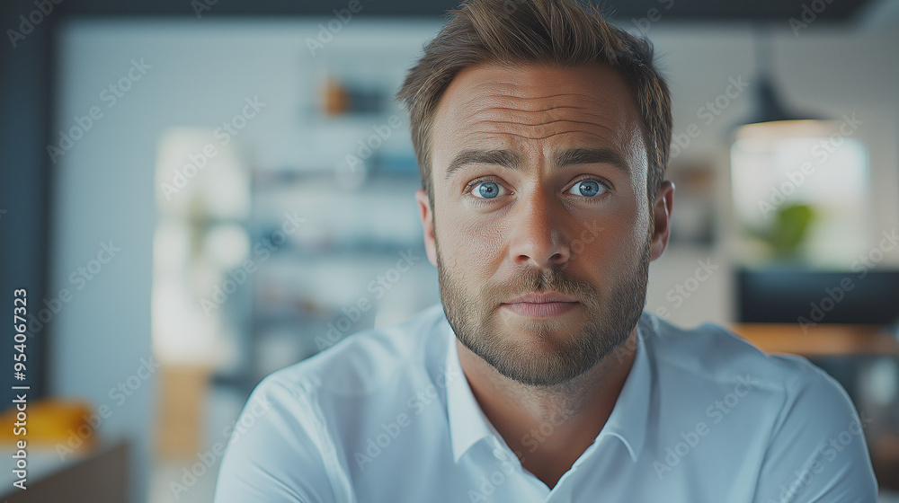 Man with blue eyes and a light complexion, look surprise Man with blue eyes and a light complexion, look surprise