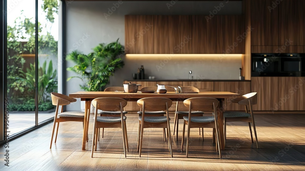 Contemporary dining room with an elegant wooden table and matching chairs pictures Contemporary dining room with an elegant wooden table and matching chairs pictures