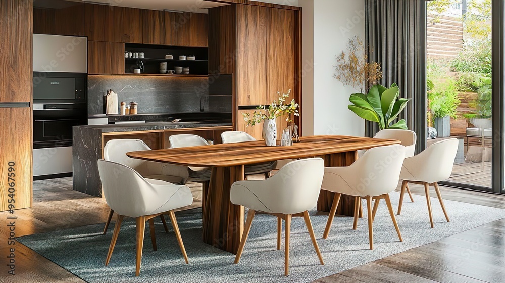 Modern dining area featuring an elegant wooden table and chic chairs pictures Modern dining area featuring an elegant wooden table and chic chairs pictures