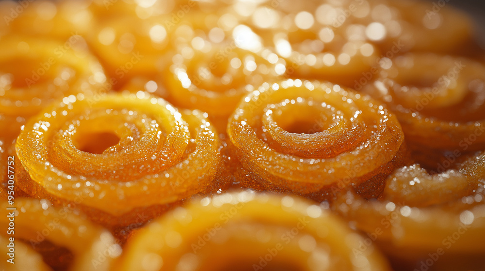 Close-up shot of many small, orange, spiral-shaped sweets Close-up shot of many small, orange, spiral-shaped sweets