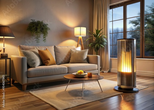 Cozy modern living room with comfortable couch, warm glow of a ceramic space heater, and soft lighting, evoking photo