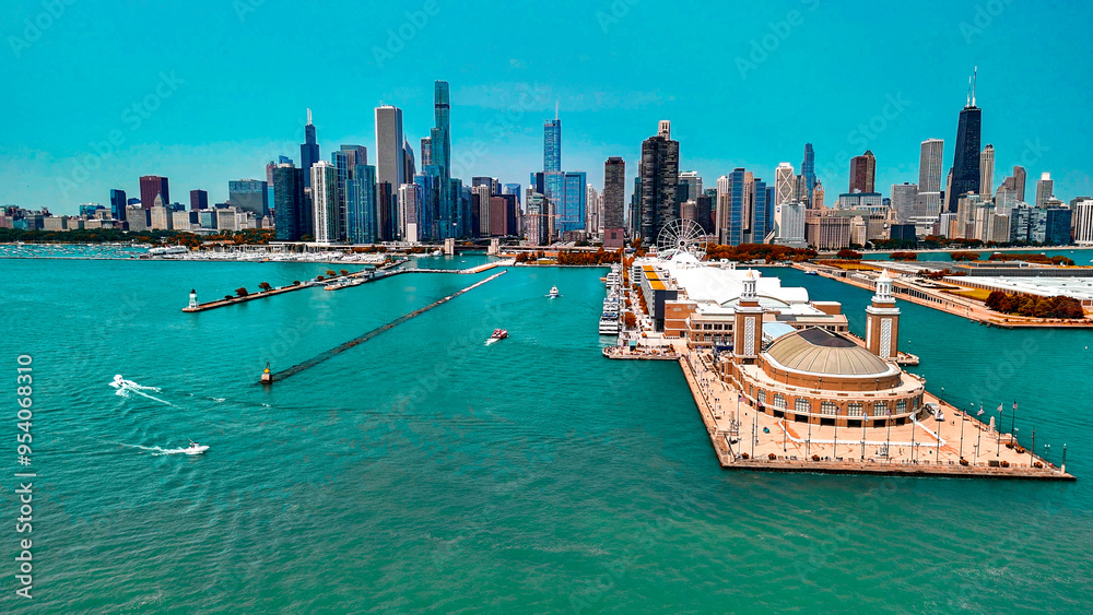 Obraz premium Aerial view of Chicago from Navy Pier on a beautiful summer day