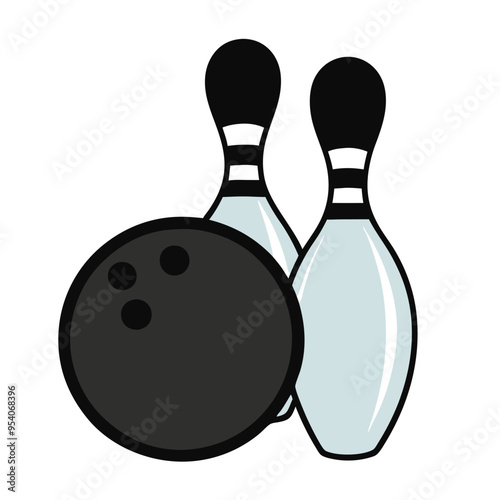 bowling ball and pins, vector silhouette clipart, isolated white background, 