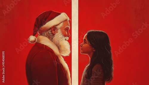 Minimalist movie poster, white and red vertical stripes background. Santa Claus and a young girl are looking at each other