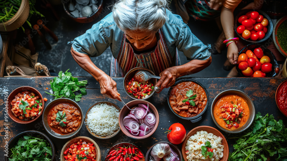 Fototapeta premium A woman is cooking a variety of dishes on a table. The table is filled with bowls of different foods, including rice, beans, and tomatoes. The woman is using a spoon to serve the food