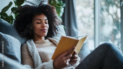 Young black woman enjoying me-time at home. African american adult girl reading book on couch in her living room. Tranquil and relaxing solo hobby