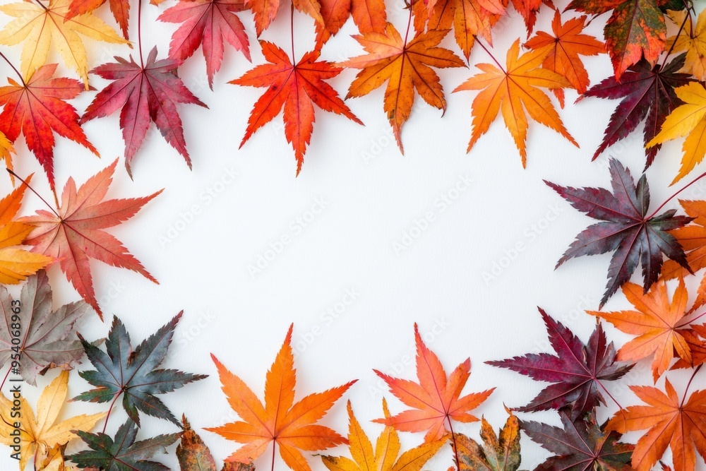Autumn Maple Leaves Flat Lay White Background created with Generative AI Autumn Maple Leaves Flat Lay White Background created with Generative AI