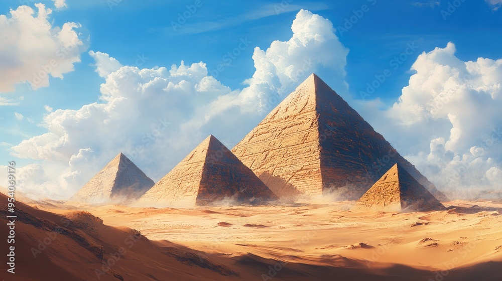 Perfectly shaped sand pyramids in a serene desert, with a realistic background of rolling dunes and bright skies Perfectly shaped sand pyramids in a serene desert, with a realistic background of rolling dunes and bright skies