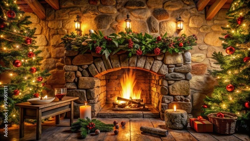 Cozy winter scene featuring a crackling fireplace with flames, surrounded by rustic stone walls, warm lighting, and decorative holly sprigs, evoking a sense of seasonal comfort. photo